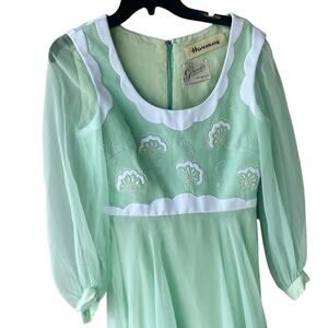 Vintage Harmay mint green‎ maxi dress long sleeve 70's medium chiffon